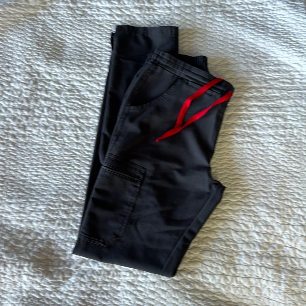 Figs charcoal with red tie Yola scrub bottoms